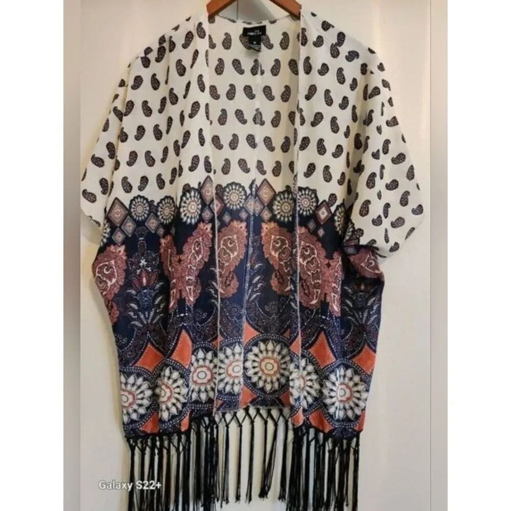 C25 Rue21 Navy, Coral & Cream Paisley & Butterfly Open Front Kimono- Fringed